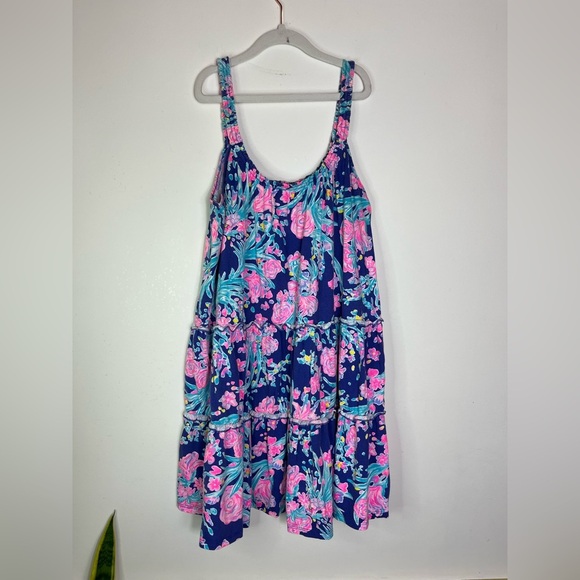 Lilly Pulitzer Floral Cotton Tiered Mini Dress S Bright Pink Blue Sundress - Picture 6 of 12